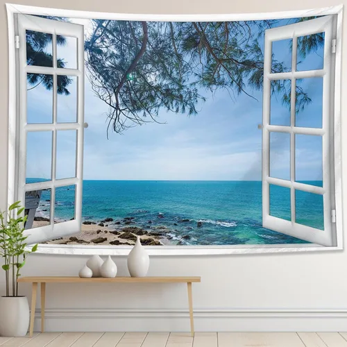 Tapiz azul para ventana de playa y océano para colgar en la pared, árbol costero, paisajes naturales, arte lindo y pequeño tapiz estético para
