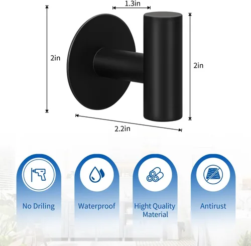 Miniatura 5 de Mdvora Paquete de 4 ganchos adhesivos negros mate, acero inoxidable para dormitorio, cocina, hotel, oficina