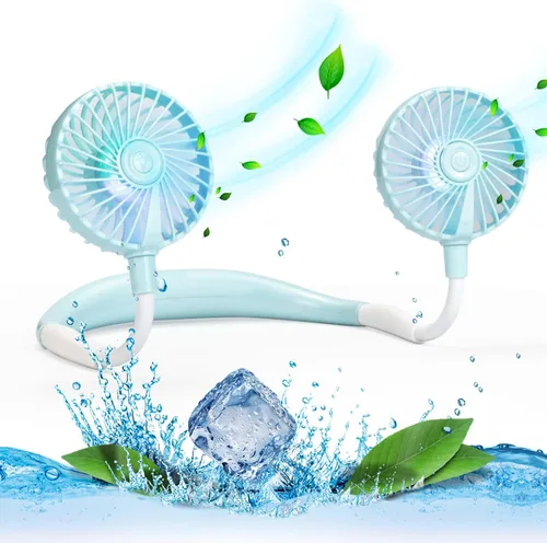 VAGAU Ventilador de cuello de enfriamiento portátil, ventilador de cuello personal USB recargable con luces LED coloridas, rotación de 360° para Azul
