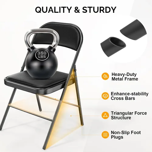 Miniatura 5 de Bonnlo Silla Plegable con Cómodo Cojín Acolchado y Respaldo, Sillas Plegables Portátiles para Exterior, Eventos de Oficina, Bodas, Cuero Pu, 4 Negras