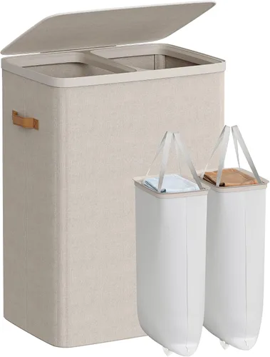 Miniatura 11 de SONGMICS Cesta de lavandería de 17.2 galones, fácil montaje, con tapa y asas, forro extraíble, 15.4 x 8.7 x 29.5 pulgadas, beige capuchino