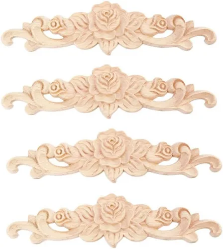 4 piezas de madera tallada apliques onlay sin pintar esquina Onlay Applique puerta gabinete rosa sin pintar estilo europeo (20x5cm/7.87x1.97inch)