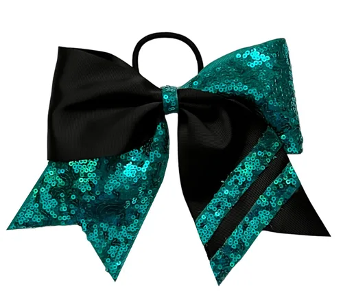 Miniatura 2 de Nuevo "CONFETTI STRIPES Black Gold" Cheer Bow Pony Tail 7 Inch Girls Hair Bows Cheerleading Dance Practice Football Games Competition Birthday Tick