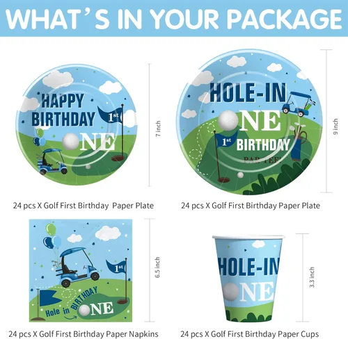 Miniatura 2 de Xigejob Suministros para fiesta de primer cumpleaños de golf, vajilla de decoración de cumpleaños con agujero en uno, plato de papel de golf, taza