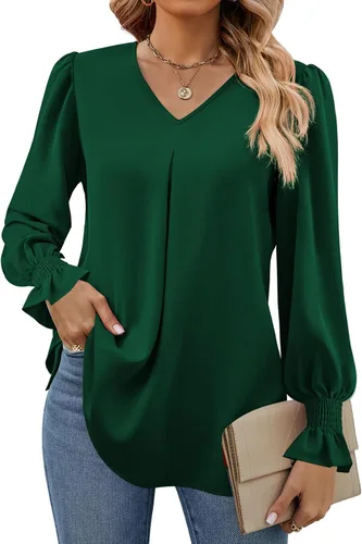 Miniatura 17 de Funlingo Blusas de mujer con mangas largas 2025, elegantes y casuales, con cuello en V, túnica suelta de gasa para el trabajo