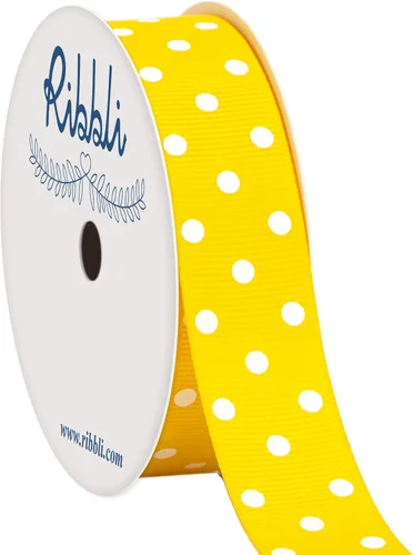 Ribbli Cinta de grogrén para manualidades, 7/8 pulgadas, carrete de 10 yardas, narciso amarillo con puntos blancos, uso para lazos para el cabello,