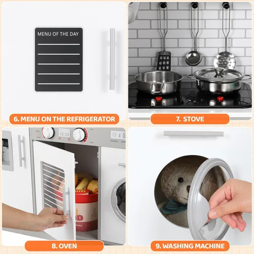 Miniatura 5 de Arlopu Juego de cocina para niños, juego de juguetes de madera con diseño realista, sonidos de luces, ollas y utensilios para niños y niñas a partir