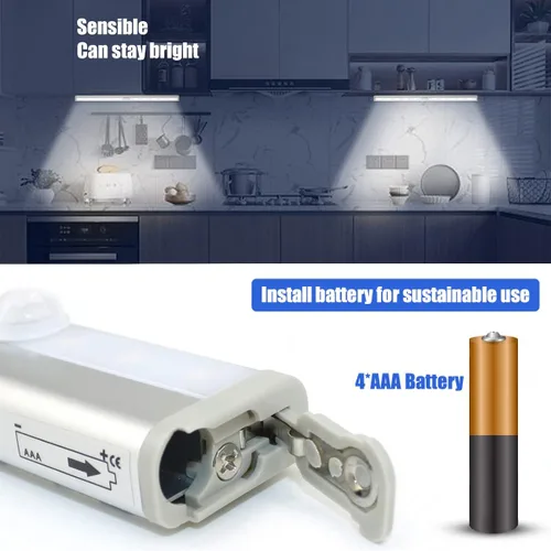 Miniatura 5 de Paquete de 6 luces LED con sensor de movimiento, 10 luces LED para armario operadas por batería, barra de luz nocturna magnética adhesiva, luz LED