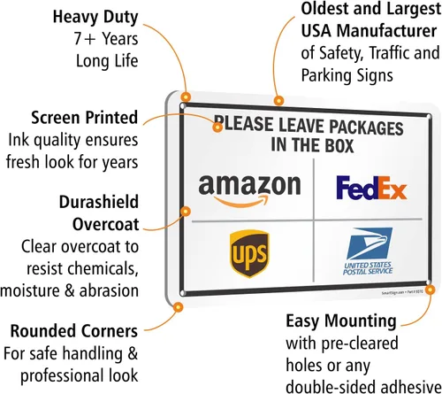 Miniatura 8 de SmartSign 7 x 10 pulgadas "Por favor, deje los paquetes en la caja - Amazon, FedEx, UPS, USPS" Letrero de instrucciones de entrega de metal