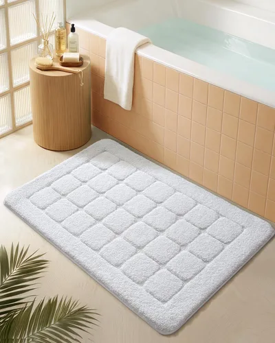 Miniatura 12 de Color&Geometry Alfombra de baño verde de 17 x 30 pulgadas, alfombra de baño de microfibra absorbente y esponjosa a cuadros, alfombra de ducha