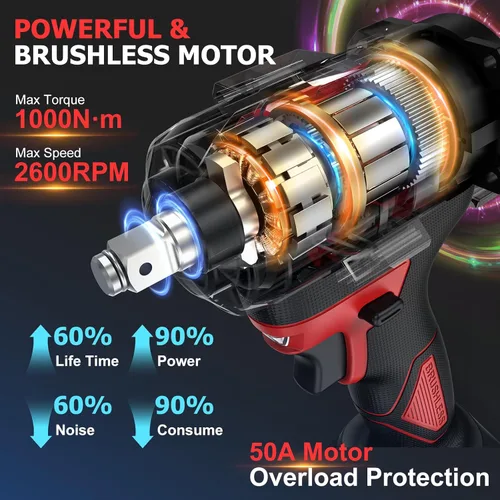 Miniatura 2 de Llave de Impacto Inalámbrica de 750 pies-libras, pistola de impacto de potencia de 1000 N·m, 1/2 pulgada, 21 V, 2600 RPM, Llave de Impacto eléctrica
