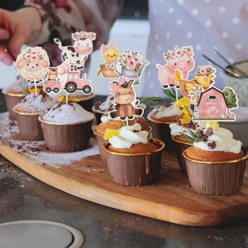 Miniatura 6 de Gyufise 36 adornos para cupcakes de animales de granja rosas con diseño floral rosa para niñas, diseño de animales de granja, para cumpleaños
