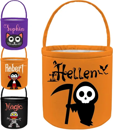 Miniatura 8 de Cubo personalizado de Halloween con nombre, cesta de dulce o truco de Halloween, regalo personalizado para niños y niñas, color negro