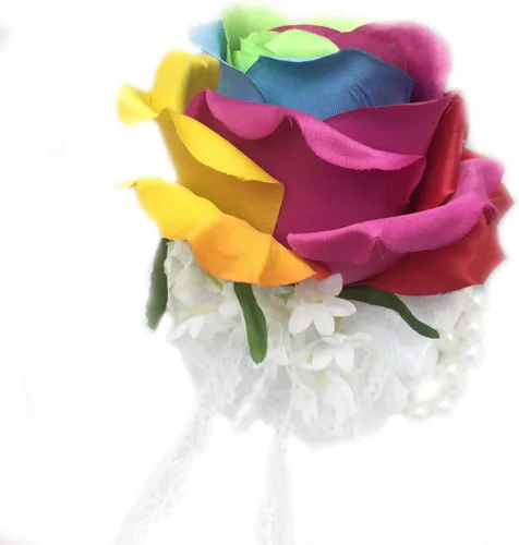 Ramo de flores de rosa arcoíris de seda ramillete de muñeca