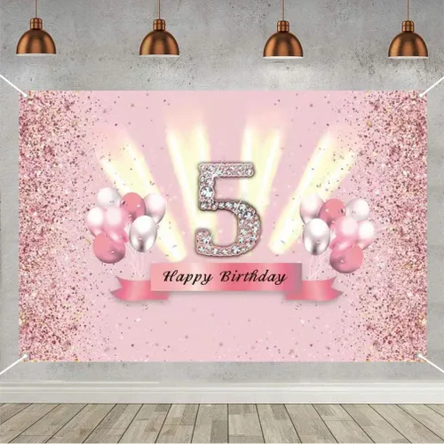 Decoraciones de feliz cumpleaños 5 para niñas, pancarta de fondo para decoración de fiesta, póster de tela de aniversario, fondo de foto rosa,