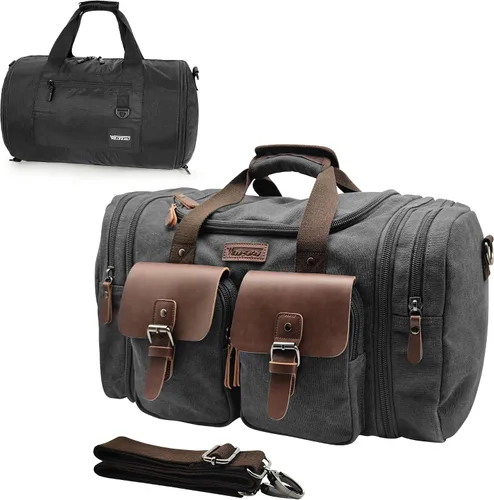 Miniatura 18 de Wildroad Bolsa de viaje de lona de 50L, bolsa de lona expandible de cuero genuino, bolsa de fin de semana mejorada para una noche, bolsa de mano