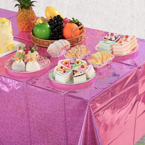 Miniatura 5 de Paquete de 8 manteles de plástico iridiscente brillantes desechables láser rectangulares, cubiertas de mesa de papel holográfico iridiscente, Rosa