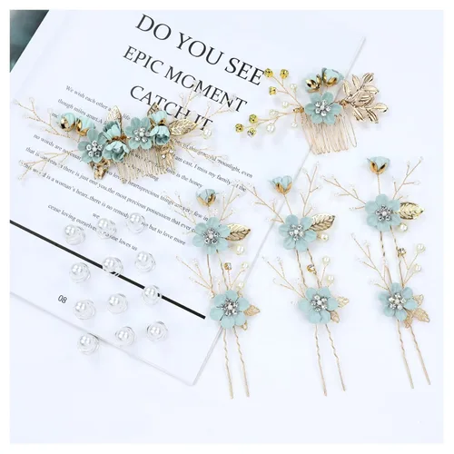 Miniatura 2 de inSowni 20 piezas de diamantes de imitación de perlas nupciales, bodas, fiestas, bailes, flores verdes claras, peines laterales + horquillas novias