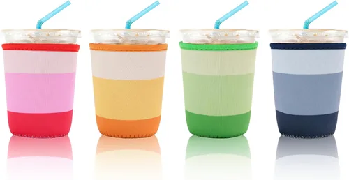 Paquete de 4 fundas de neopreno reutilizables para tazas de café helado, adecuadas para bebidas para café caliente y frío o bebida helada, fundas