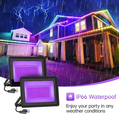 Miniatura 2 de Paquete de 2 luces negras de 300 W LED de luz negra para exteriores con enchufe IP66, luz de inundación negra impermeable para fiesta de Halloween