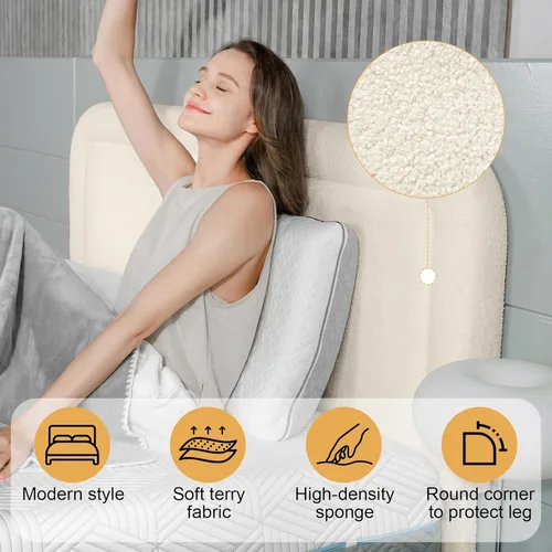 Miniatura 3 de Base de cama tamaño Queen, marco de cama Boucle con cabecera ajustable, cama de plataforma tapizada moderna con listones de madera, esquinas Beige