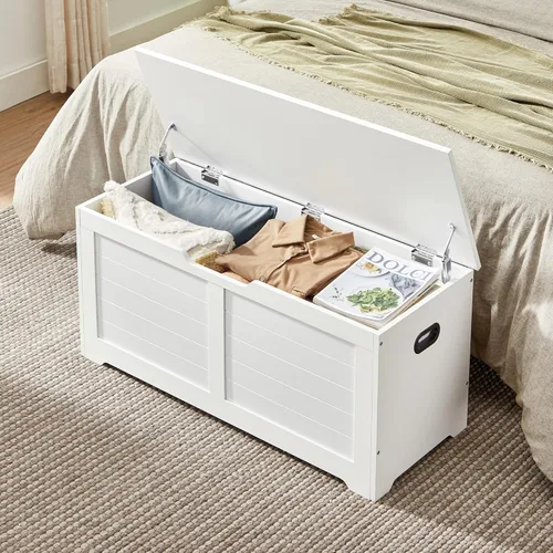Miniatura 5 de VASAGLE Baúl de almacenamiento, banco de almacenamiento con 2 bisagras de seguridad, estilo casa de campo, 15.7 x 39.4 x 18.1 pulgadas, para Blanco