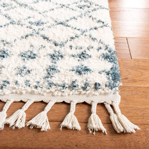 SAFAVIEH Berber Fringe Shag Collection - Alfombra decorativa de 2 pies 2 pulgadas x 4 pies, color crema y azul, diseño, no desprende pelusa y de