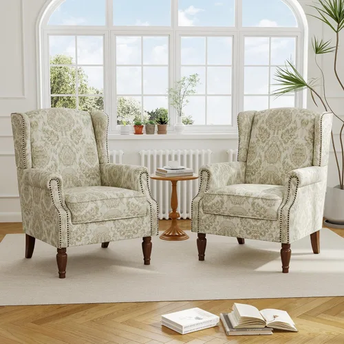 Miniatura 50 de Silla reclinable tapizada, sillón de ala floral con respaldo y reposapiés ajustables, cómoda silla decorativa para leer, sofá individual