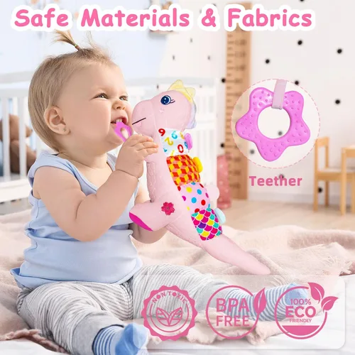 Miniatura 3 de Juguete de peluche suave de dinosaurio para bebés de 0-3-6-12 meses, juguete musical infantil con sonajero, chirriante, arruga sensorial, mordedor