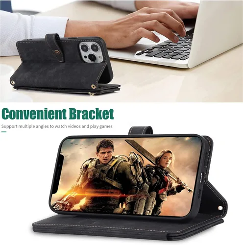 Miniatura 5 de Compatible con iPhone 13 Pro Max - Funda cruzada para mujeres y niñas, bolso de mano con tarjetero con cremallera, tapa y correa de hombro de piel