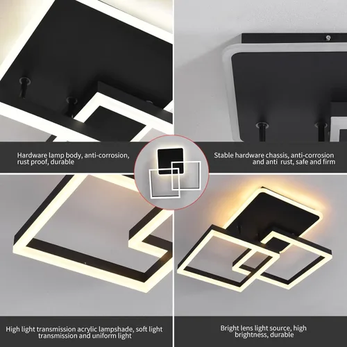 Miniatura 10 de Garwarm Lámpara de Techo LED Moderna, Regulable de 3 Cabezales Cuadrados Accesorio de Lámpara de Techo con Control Remoto, Candelabro de Techo Negro