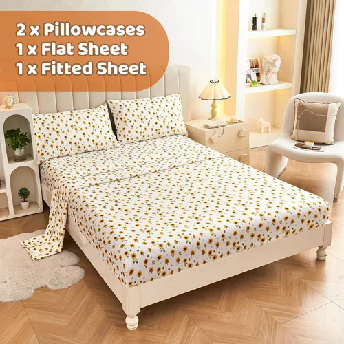 Miniatura 8 de Softan Juego de sábanas tamaño matrimonial, con estampado de girasol, sábana bajera ajustable de microfibra cepillada con bolsillo profundo de 15