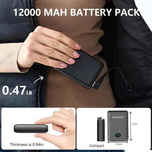 Miniatura 7 de Paquete de 2 baterías de 5 V 2A/3 A para chaleco calentado, batería externa de 12000 mAh para ropa calentada con pantalla LED con puerto de 7.4 V CC