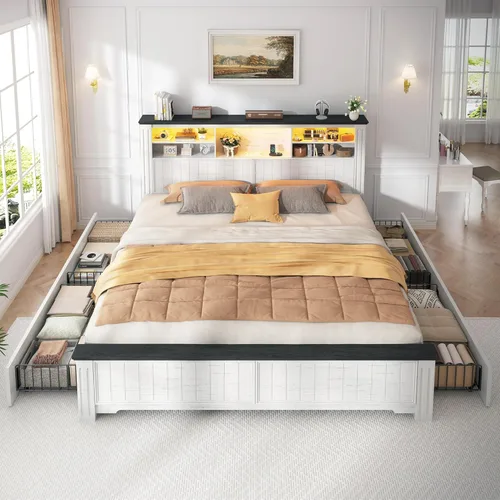 Miniatura 7 de EnHomee Base de cama King y cabecero, marco de cama tamaño King con 4 cajones de almacenamiento, cama King con luces LED y puertos de carga,
