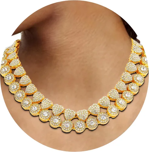 Miniatura 4 de Cadena de tenis de diamantes agrupados de doble capa, collar de cadena cubana de Miami para mujer, collar de cadena de corazón helado, regalo