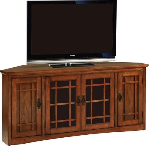 Miniatura 11 de Leick Home 80385 Soporte de TV de esquina de tres puertas de vidrio con plomo con almacenamiento cerrado para televisores de 50 pulgadas, roble