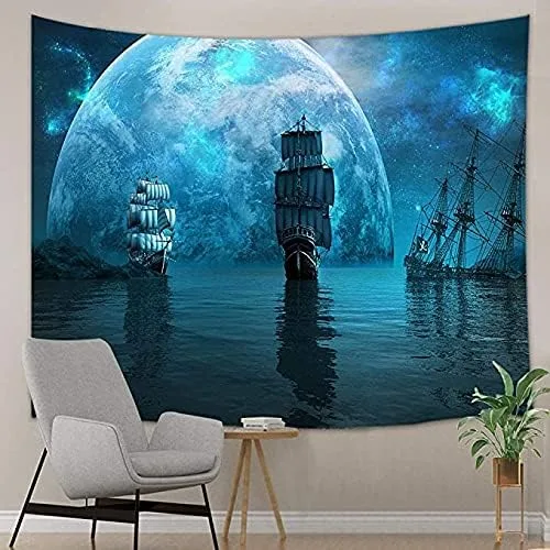 Miniatura 4 de Tapiz de pared para decoración de navegación de barco pirata, dos veleros y un enorme planeta azul en la noche de la galaxia mística, manta