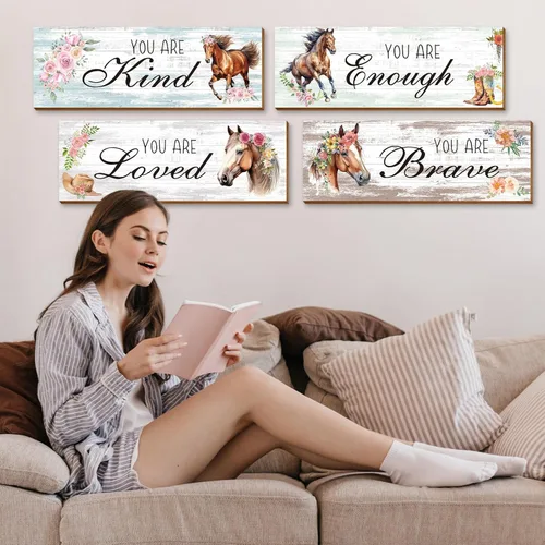 Miniatura 4 de Thrist Decoración de pared con temática de caballo de vaquera, 4 piezas de madera inspiradora de vaquera, arte de pared de caballo, pintura amada