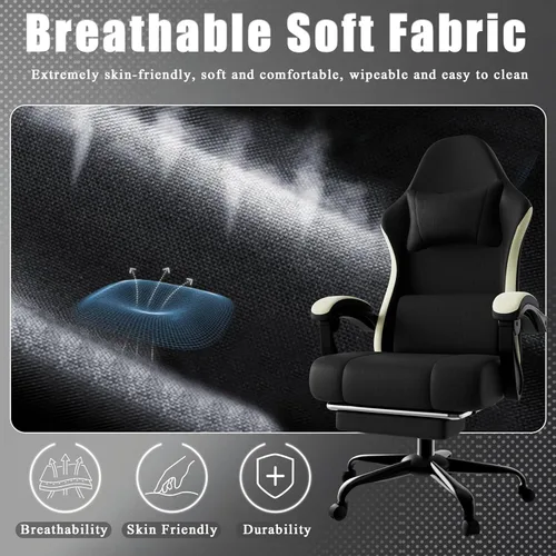 Miniatura 7 de Silla para juegos con respaldo alto de tela para computadora con cojín de resorte con bolsillos y reposapiés, silla de juego de altura ajustable