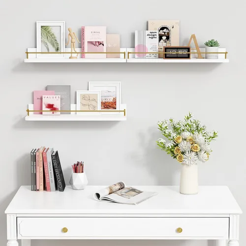 Miniatura 6 de Forbena Juego de 3 estantes flotantes dorados para decoración de pared, estantes de baño sobre el inodoro, estante de pared moderno con riel Blanco