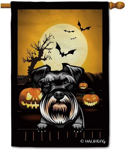 Miniatura 44 de Bandera de jardín de calabaza de Feliz Halloween Jack O'Lantern con perro Rhodesian Ridgeback Halloween Bat Boo Bandera decorativa para patio al