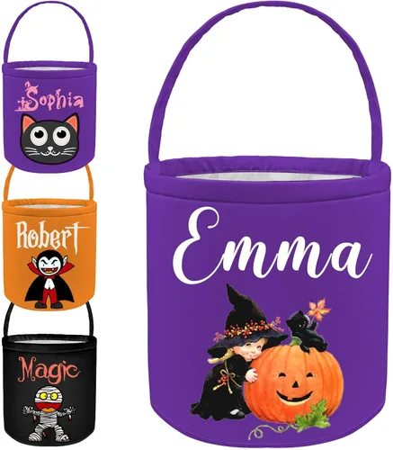 Miniatura 10 de Cubo personalizado de Halloween con nombre, cesta de dulce o truco de Halloween, regalo personalizado para niños y niñas, color negro