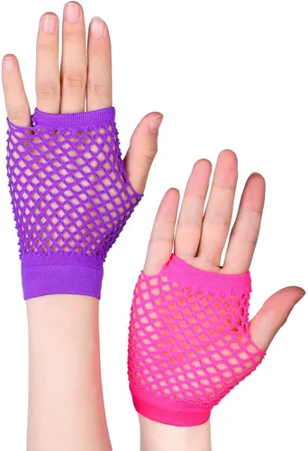 Miniatura 5 de TecUnite 12 pares de guantes de red sin dedos de color neón y 100 pulseras de gelatina de silicona multicolor, lazos luminosos para varias fiestas