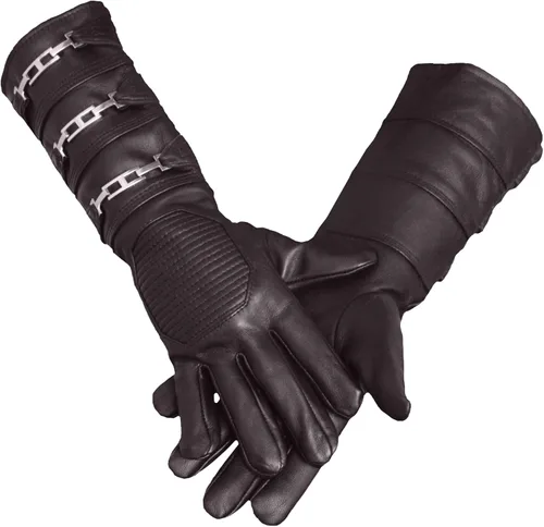 URBAN BUCK Guante de disfraz de cuero de oveja real, guantelete de cielo, ajuste regular, puño largo para hombre, sin forro, guantes de cosplay