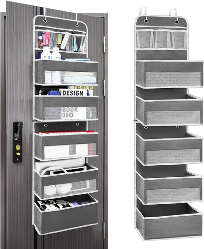 Miniatura 8 de Organizador sobre la puerta con 4 bolsillos laterales de malla, capacidad de peso de 44 libras para colgar detrás de la puerta, almacenamiento Gris