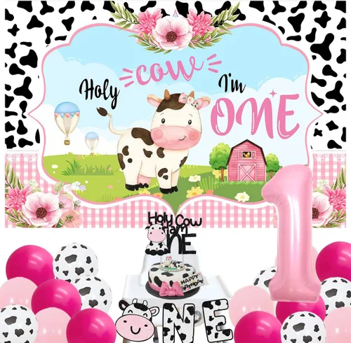 Holy Cow I I'M One - Decoraciones de cumpleaños para niños y niñas, kit de decoración de primer cumpleaños de vaca Holy Cow I'm One, estampado de