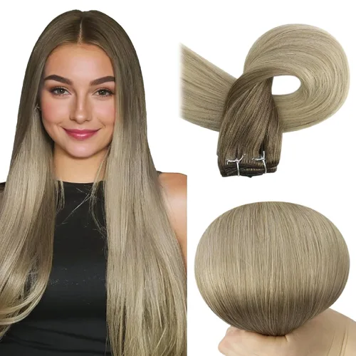 Miniatura 61 de Full Shine Extensiones de cabello humano, 18 pulgadas, mechones de trama, color #2 castaño oscuro, 3.5 onzas, cabello Remy para coser, doble trama