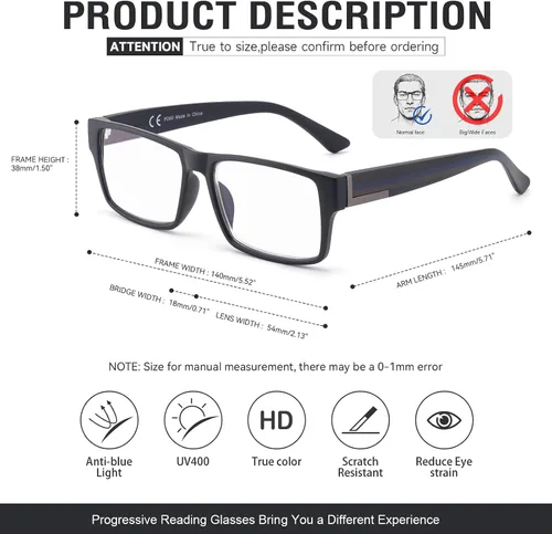 Miniatura 6 de SKYOAK Excelente TR90 - Lentes de lectura irrompibles progresivos multienfoque para hombres, marco grueso, anti luz azul/lectores UV, paquete de 2