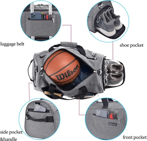 Miniatura 3 de Kuston Bolsa de gimnasio deportiva con compartimento para zapatos y bolsillo húmedo, bolsa de lona para gimnasio para hombres y mujeres, Gris