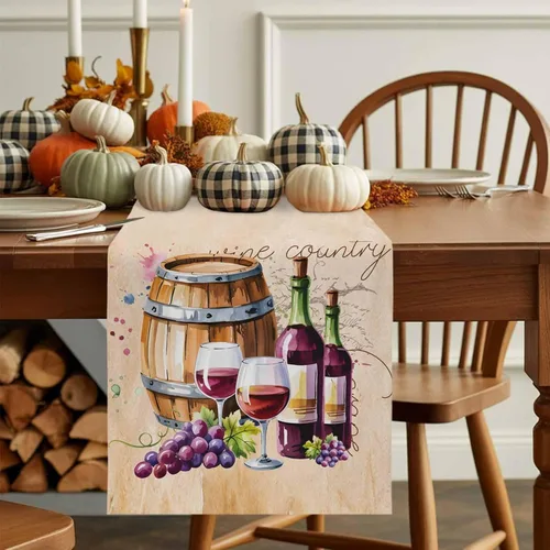 Miniatura 8 de Camino de mesa de otoño, caminos de mesa de vino y uva, cosecha, Acción de Gracias, vintage, barril de vino, de algodón, lino, bufanda, cocina, mesa